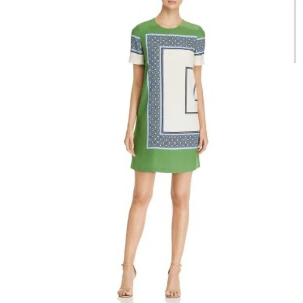 Tory Burch Women 8 Shift Dress Green Silk Geometric Scarf Print Short Sleeve